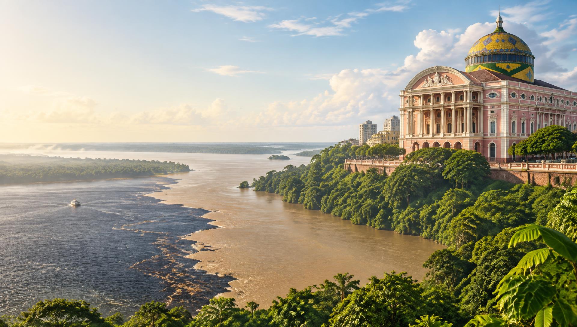 Composição ilustrativa do Teatro Amazonas, do Encontro das Águas e da floresta amazônica